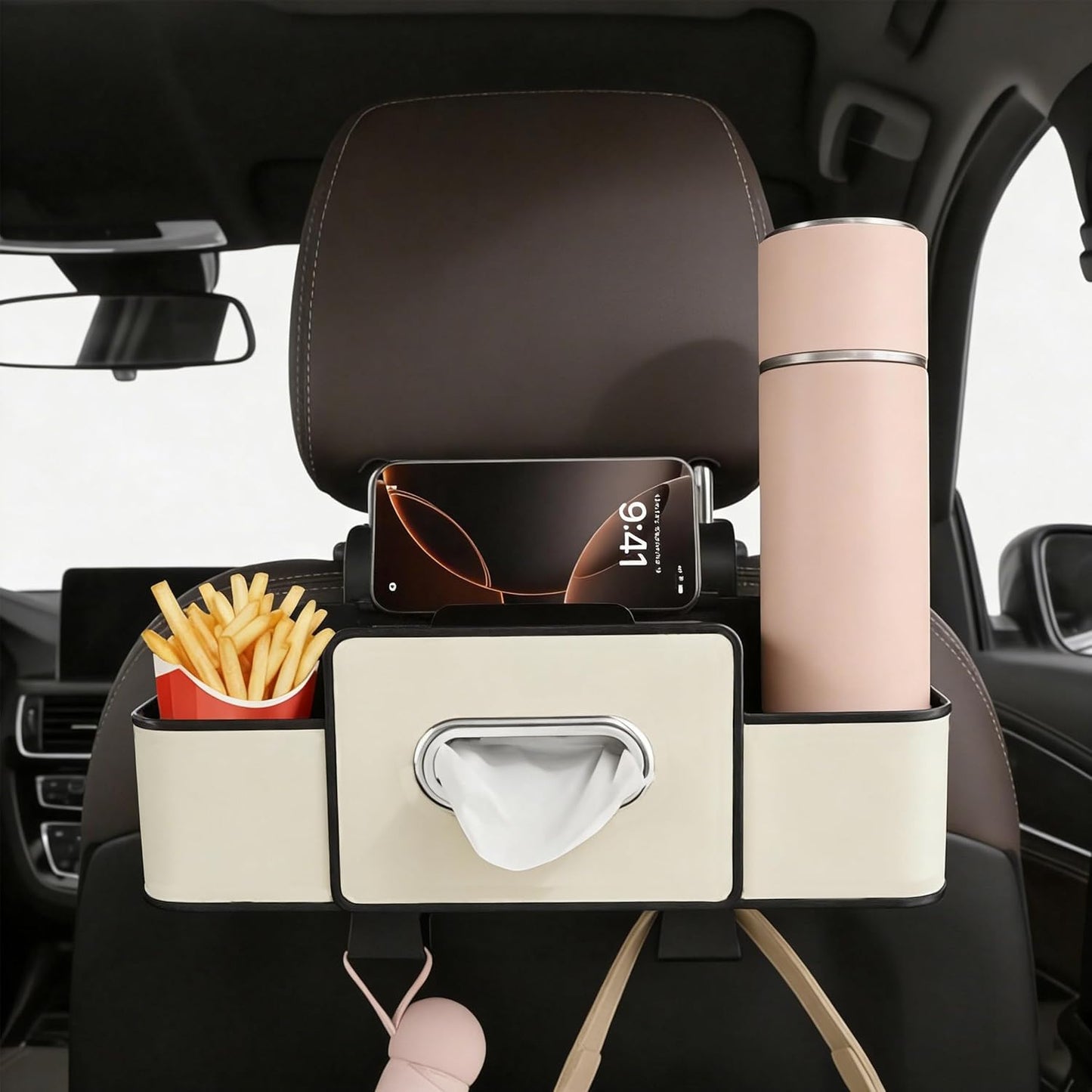 Back Seat Car Organizer, 4+2 in 1 Multifunctional Car Backseat Storage Box with 4 Cup Holders Tissue Box Hook, Car Interior Storage for Travel Phones Snacks Drinks(Beige)