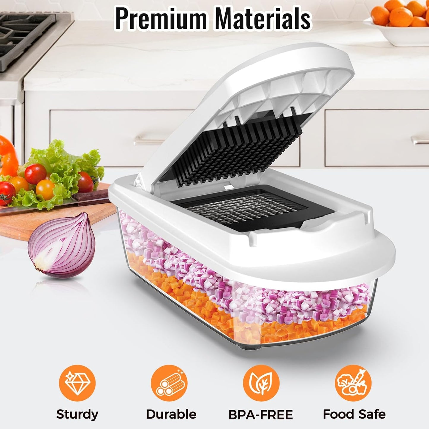 8 Blade All-In-1 Vegetable Chopper Mandoline Slicer with Container, Food Chopper, Onion Chopper, Veggie Cutter for Salad, Kitchen Gadgets Accessories Essentials, White