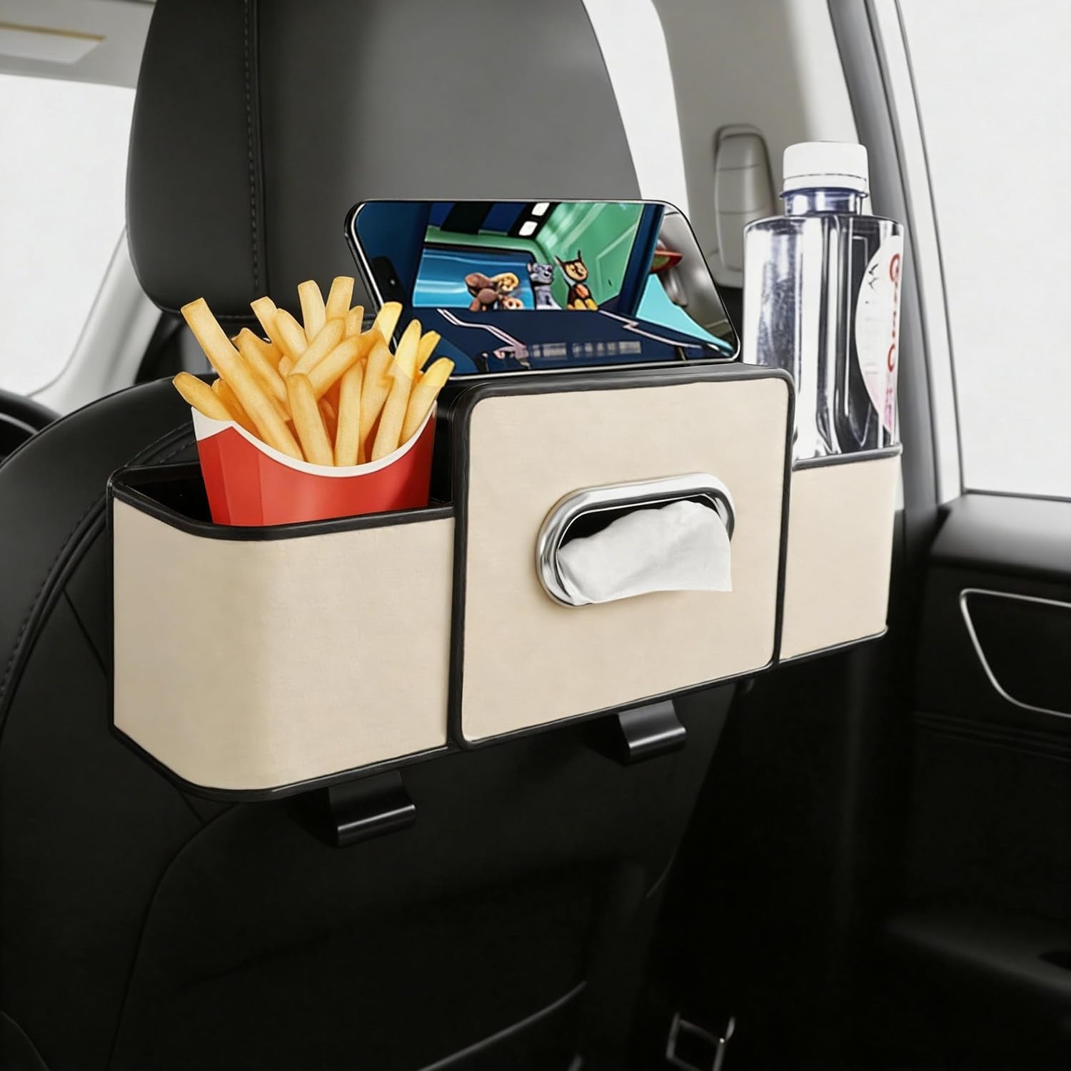 Back Seat Car Organizer, 4+2 in 1 Multifunctional Car Backseat Storage Box with 4 Cup Holders Tissue Box Hook, Car Interior Storage for Travel Phones Snacks Drinks(Beige)